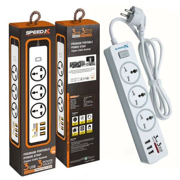 Speed-x 303pu Premium Portable Power Strip 3socket+3usb Port Cabel Length 2m