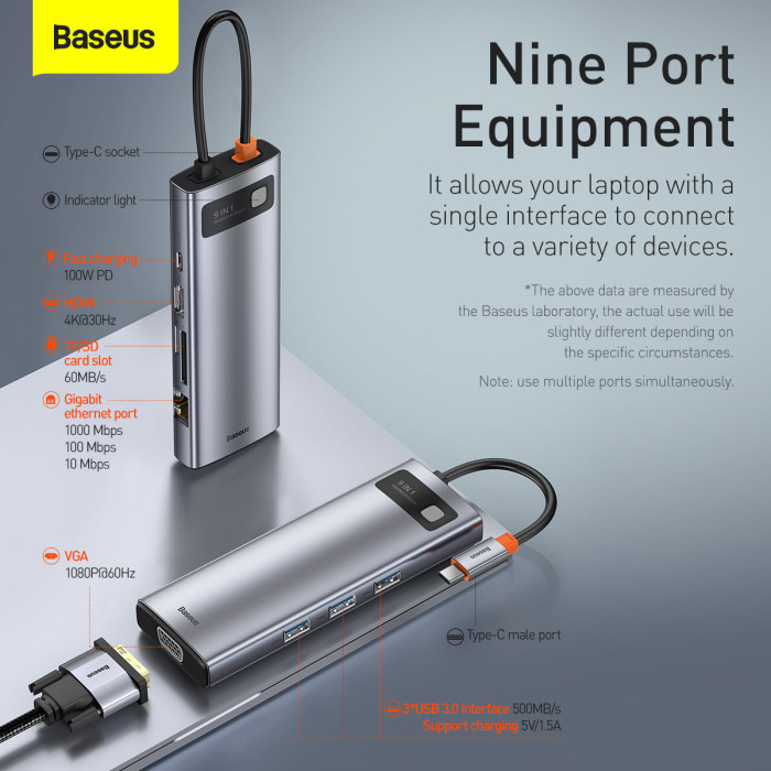 Baseus Metal Gleam Series 9 in 1 Type-C Multifunctional Hub Baseus Metal Gleam Series 9 in 1 Type-C Multifunctional Hub