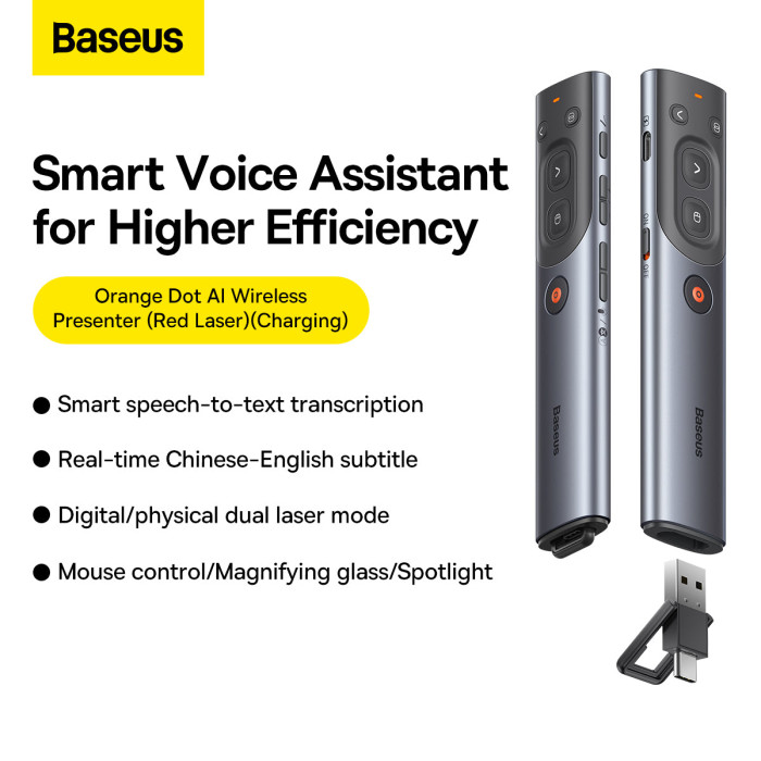 Baseus Orange Dot AI Wireless Presenter (Red Laser) Grey Baseus Orange Dot AI Wireless Presenter (Red Laser) Grey