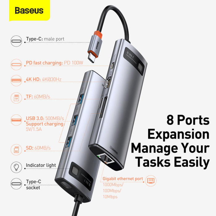 Baseus Metal Gleam Series 8 in 1 Type-C Multifunctional Hub Baseus Metal Gleam Series 8 in 1 Type-C Multifunctional Hub