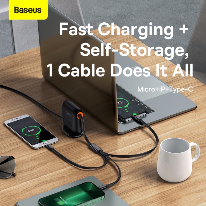 Baseus Traction Series Retractable 3 in 1 Fast Charging Cable Desktop Organizer Type-C to M+L+C 100W 1.7m Black Baseus Traction Series Retractable 3 in 1 Fast Charging Cable Desktop Organizer Type-C to M+L+C 100W 1.7m Black