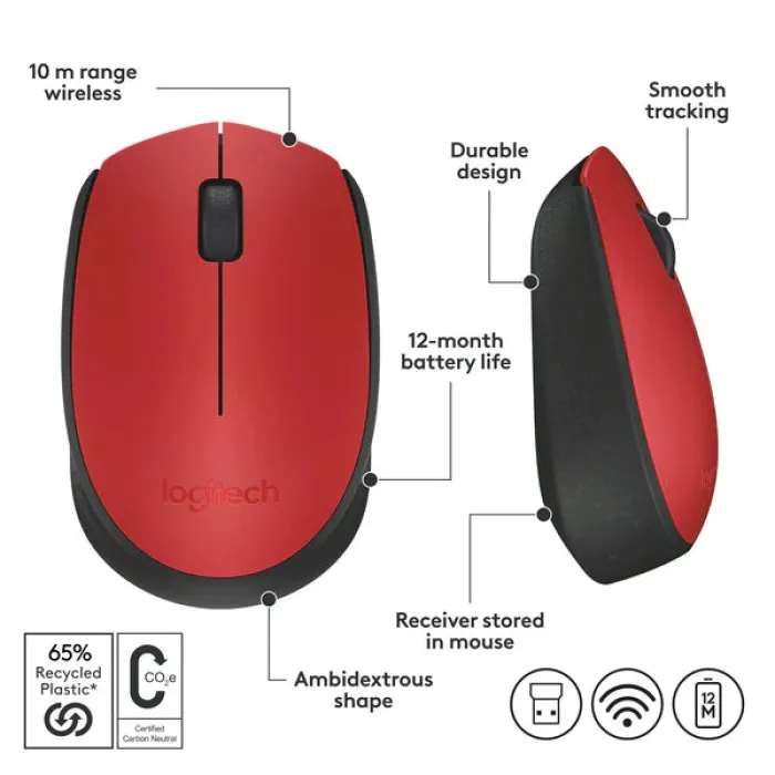 Logitech M171 Wireless Mouse Choose your style → Grey | Blue | Red Logitech M171 Wireless Mouse Choose your style → Grey | Blue | Red