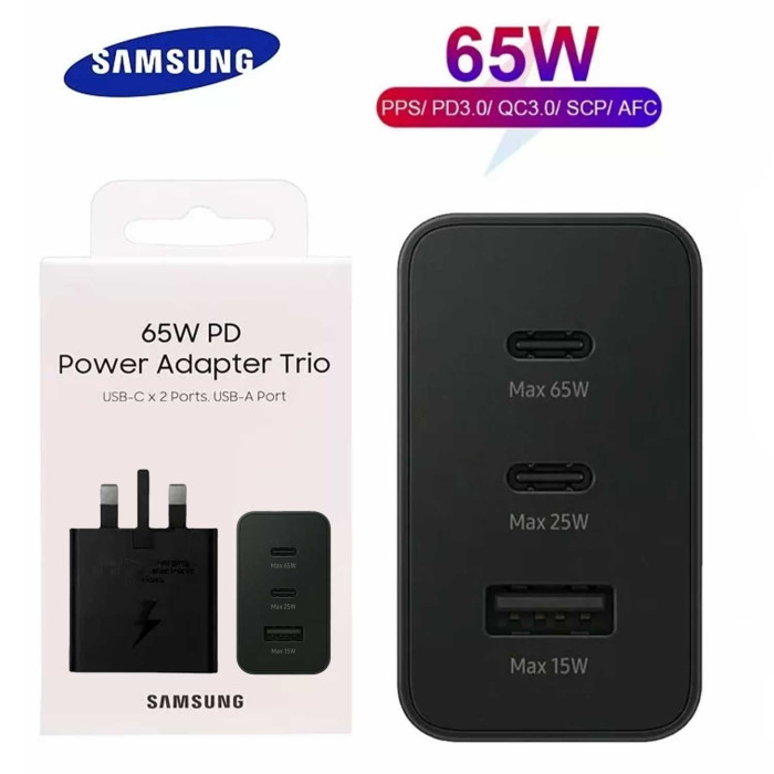 65W SAMSUNG UK PIN PD POWER ADAPTOR TRIO USB C x 2PORTS, USB-A PORT 65W SAMSUNG UK PIN PD POWER ADAPTOR TRIO USB C x 2PORTS, USB-A PORT
