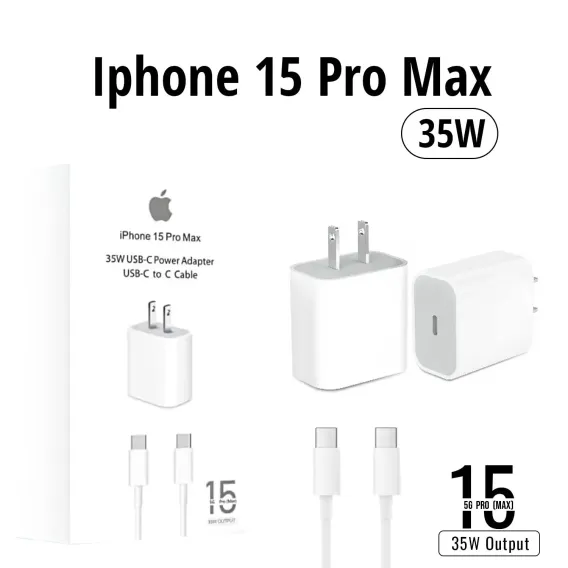 IPHONE 15 PRO MAX 2 PIN (US PIN) 35W USB-C POWER ADAPTER WITH USB-C TO C CABLE IPHONE 15 PRO MAX 2 PIN (US PIN) 35W USB-C POWER ADAPTER WITH USB-C TO C CABLE
