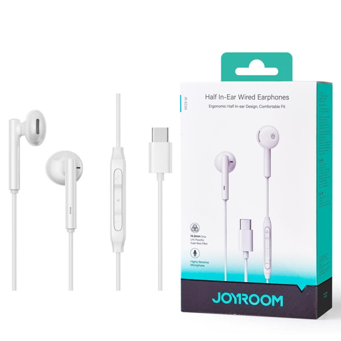Joyroom-Ec05 Type-C Series Half In-Ear Wired Earphones-White Joyroom-Ec05 Type-C Series Half In-Ear Wired Earphones-White