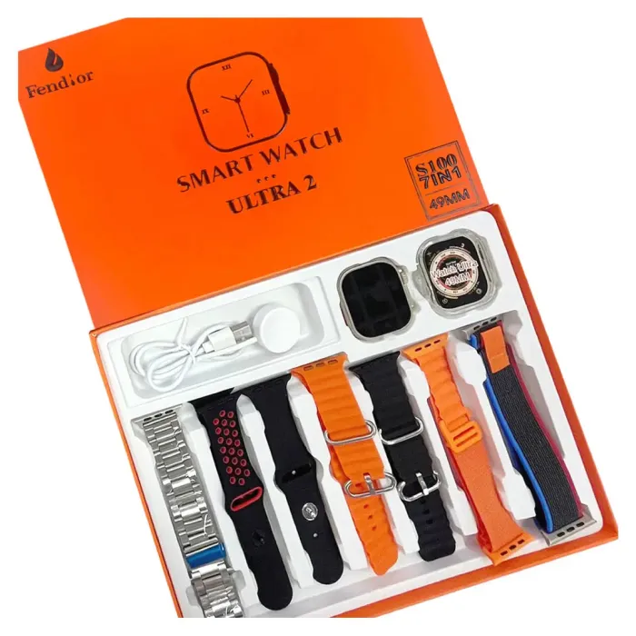 S100 Fendior Smart Watch Ultra 2 With 7 Straps 49mm With Silicon Watch Protector Case With Fitpro App Black