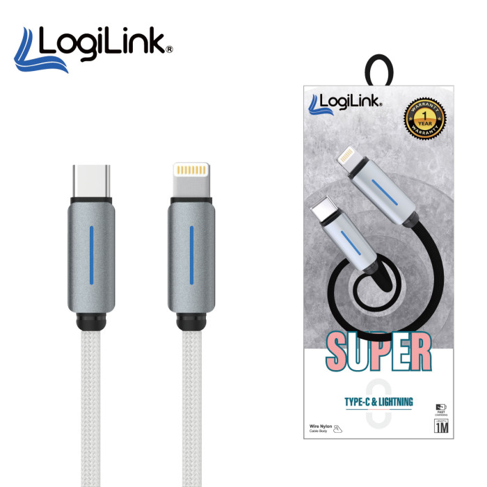 LOGILINK TYPE C TO LIGHTNING NYLON FAST CHARGING DATA CABLE WITH LIGHT 1M (1 YEAR WARRANTY) WHITE LOGILINK TYPE C TO LIGHTNING NYLON FAST CHARGING DATA CABLE WITH LIGHT 1M (1 YEAR WARRANTY) WHITE