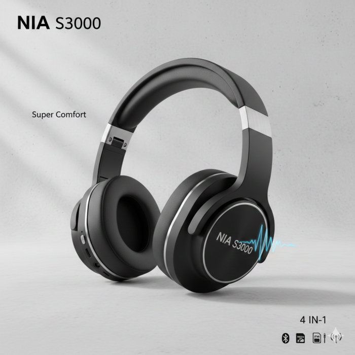 NIA S3000 Wireless Headphones – 4-in-1 Entertainment Hub with Super Bass, FM Radio & TF Card Player NIA S3000 Wireless Headphones – 4-in-1 Entertainment Hub with Super Bass, FM Radio & TF Card Player