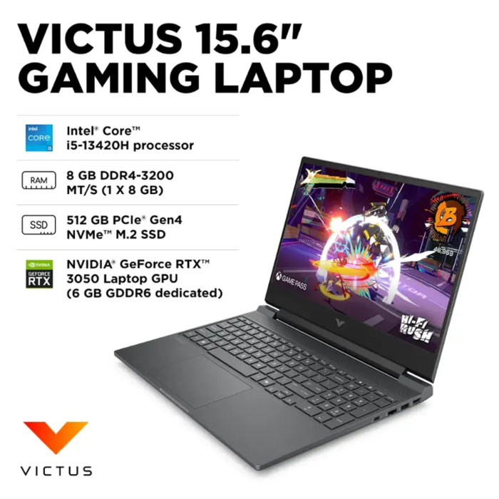 VICTUS 15.6" Gaming Laptop with specifications on a white background