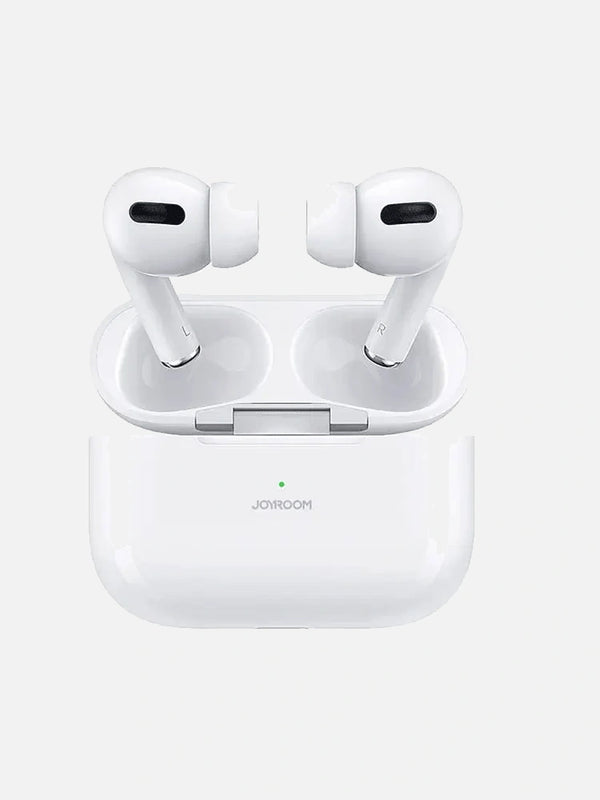 White wireless earbuds in a charging case on a white background
