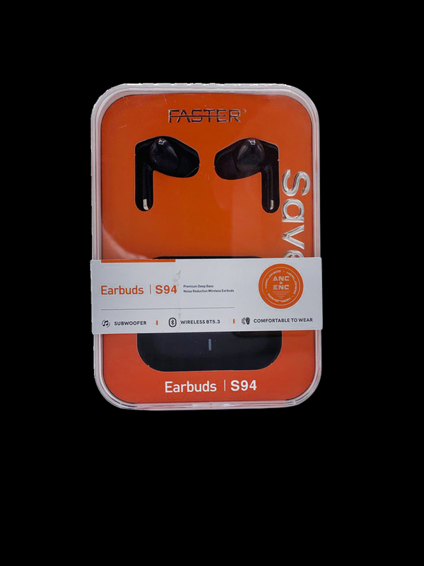Packaged earbuds with 'Faster' branding on an orange background