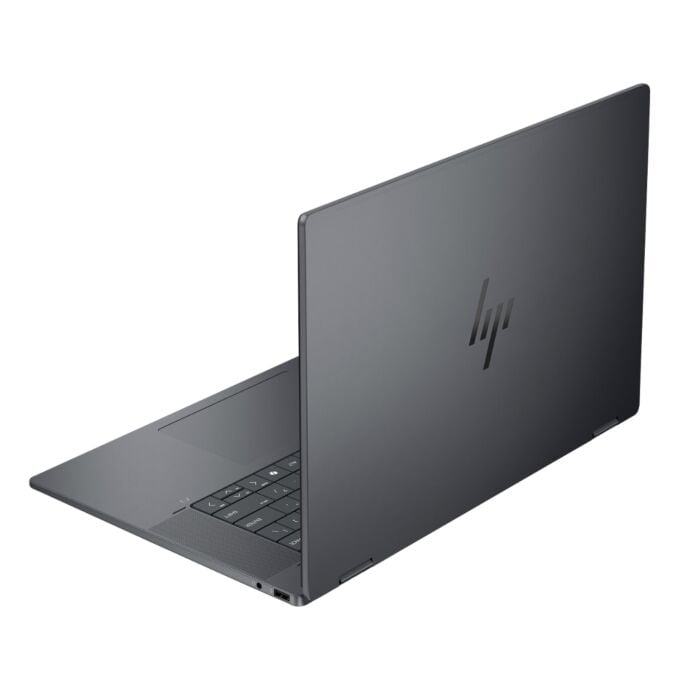 Black HP laptop on a white background