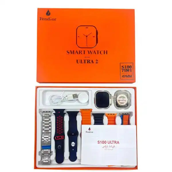 S100 Fendior Smart Watch Ultra 2 With 7 Straps 49mm With Silicon Watch Protector Case With Fitpro App Black &Silver