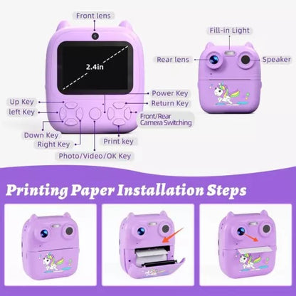 D8S Kids Digital Camera with Front & Rear Cameras, 1080P Video & Thermal Printing – Purple