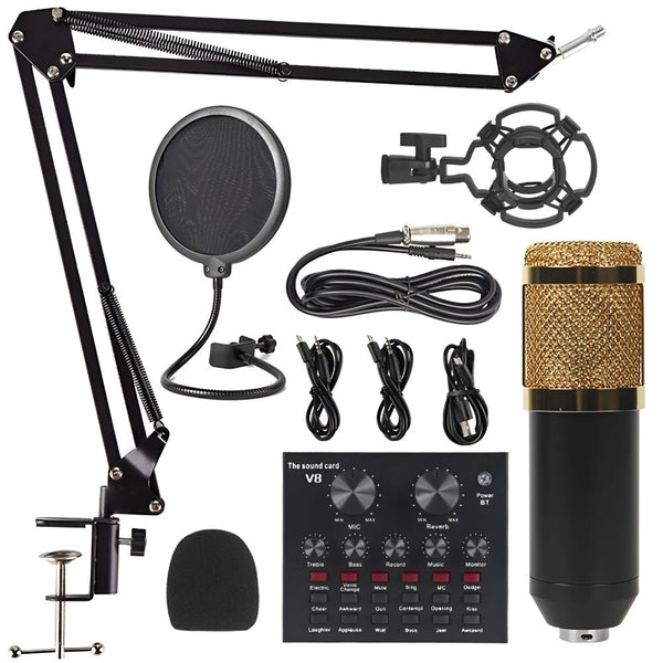 V8 BM-800 PODCAST MIC SET WITH LIVE SOUND CARD CONDENSER MICROPHONE WITH RECHARGEABLE 12 KINDS OF AUXILIARY BACKGROUND FOR KARAOKE SINGING, YOUTUBE RECORDING MIC