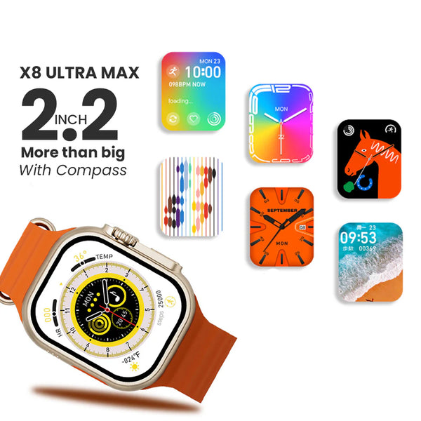 2.2 INCH X8 ULTRA MAX WITH COMPASS SMART WATCH SERIES 8 NFC ALWAYS-ON DISPLAY & WIRELESS CHARGING WITH WEARFIT PRO APP BLACK2.2 INCH X8 ULTRA MAX WITH COMPASS SMART WATCH SERIES 8 NFC ALWAYS-ON DISPLAY & WIRELESS CHARGING WITH WEARFIT PRO APP ORANGE