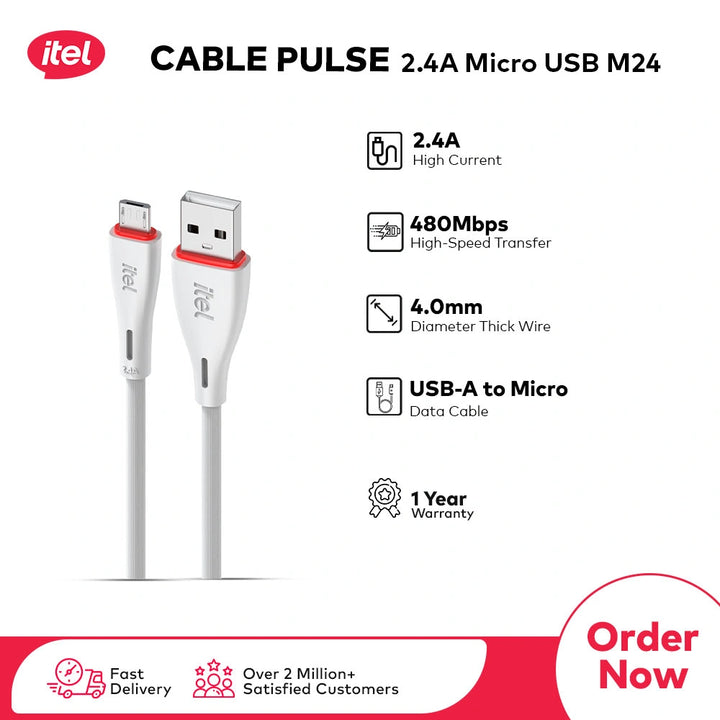 itel Cable Pulse 2.4A Micro USB M24 cable on a white background with product details.