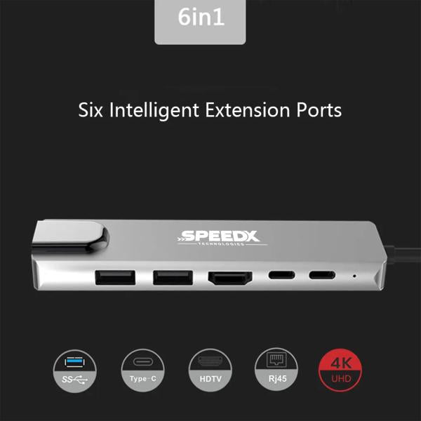 SPEED-X 6-in-1 Type-C Multi-Port Hub – 4K HDMI + USB 3.0 High-Speed Converter