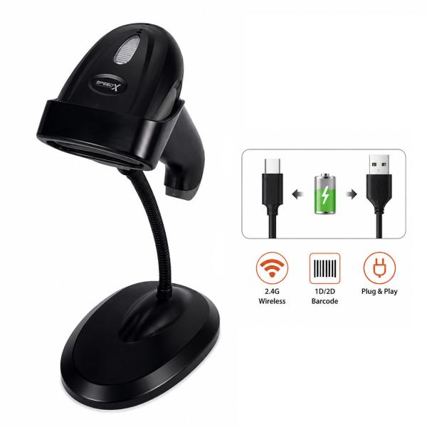 SPEED-X 60D 2D Wireless Barcode Scanner – 2.4GHz Wireless Barcode Reader with Stand