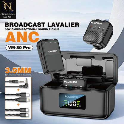 Plokama VM-80 Pro Wireless Lavalier Microphone with ANC Noise Reduction & Charging Case