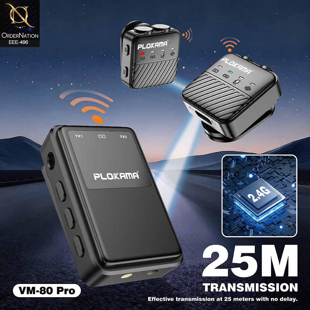 Plokama VM-80 Pro Wireless Lavalier Microphone with ANC Noise Reduction & Charging Case