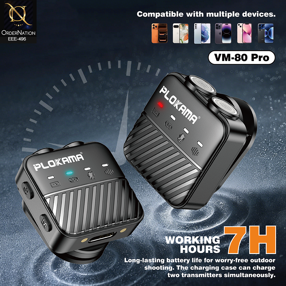 Plokama VM-80 Pro Wireless Lavalier Microphone with ANC Noise Reduction & Charging Case