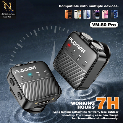 Plokama VM-80 Pro Wireless Lavalier Microphone with ANC Noise Reduction & Charging Case