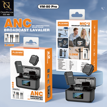 Plokama VM-80 Pro Wireless Lavalier Microphone with ANC Noise Reduction & Charging Case