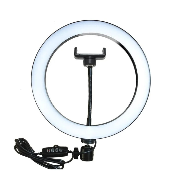 Ring light with smartphone holder on a white background