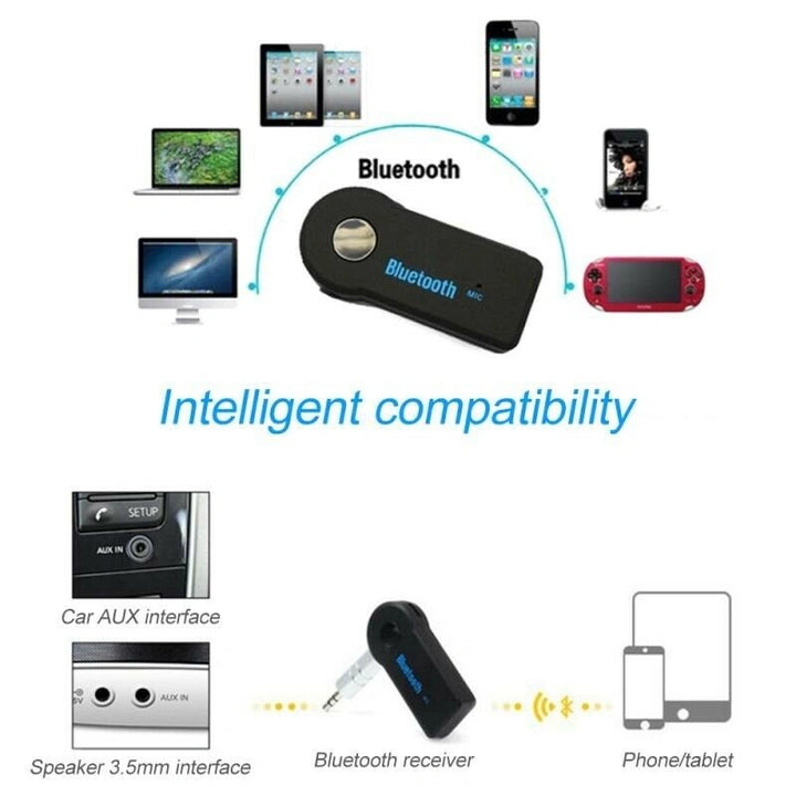 Bluetooth receiver with compatibility diagram on a white background