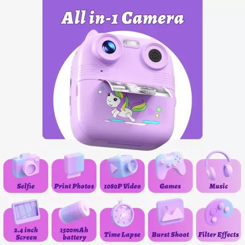 D8S Kids Digital Camera with Front & Rear Cameras, 1080P Video & Thermal Printing – Purple