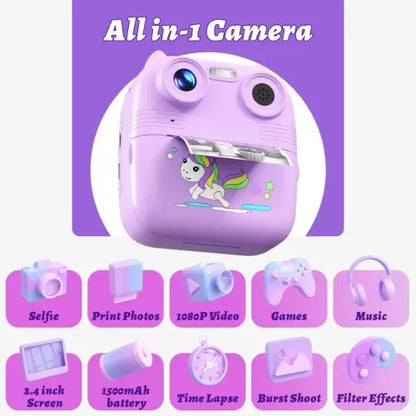 D8S Kids Digital Camera with Front & Rear Cameras, 1080P Video & Thermal Printing – Purple