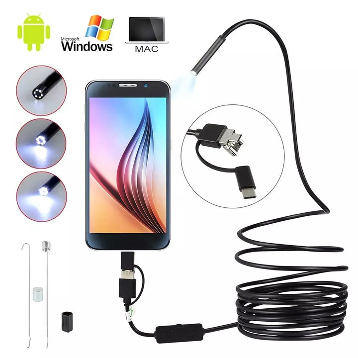 Endoscope with smartphone and cable on a white background