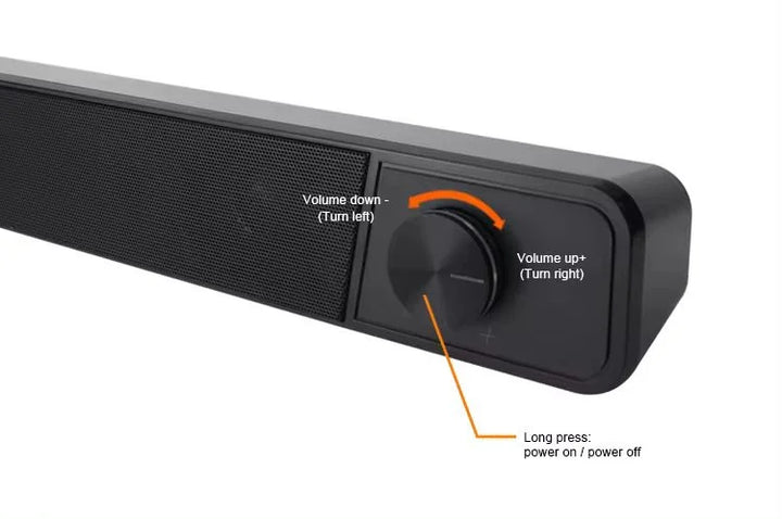 Black soundbar with volume control knob and power button on a white background