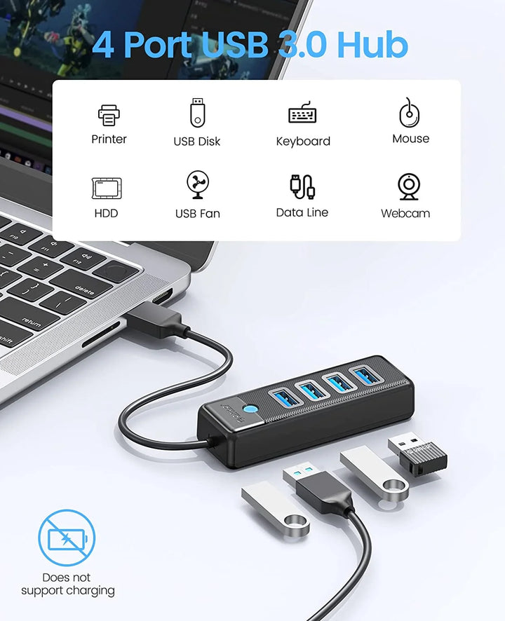 4 Port USB 3.0 Hub connected to a laptop with various USB devices on a white background.