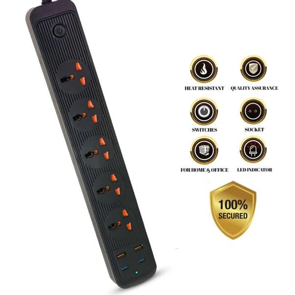 Black power strip with multiple outlets and features on a white background