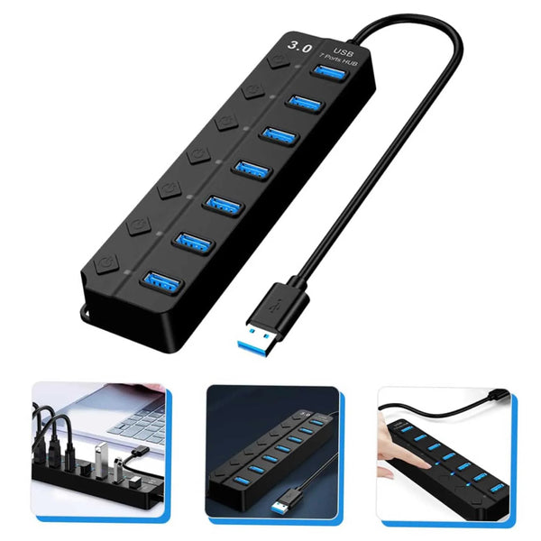 Black USB hub with multiple ports on a white background