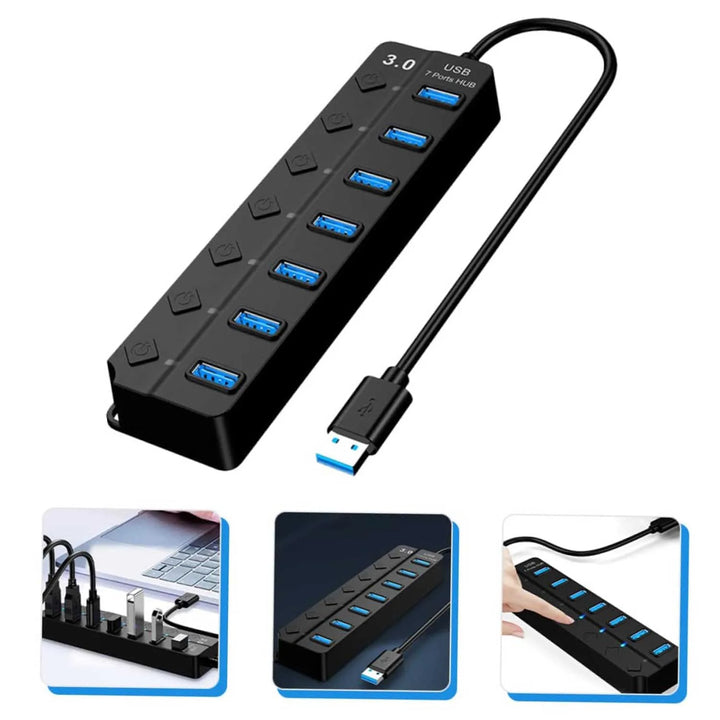 Black USB hub with multiple ports on a white background