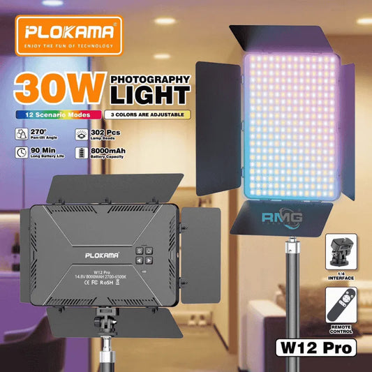 Plokama W12 Pro 30W RGB Photography Video Light – 8000mAh Battery