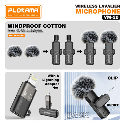 Plokama VM-20 Wireless Dual Lavalier Microphone for Android & iPhone