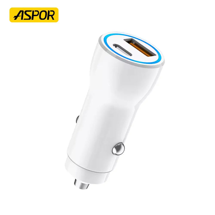 White car charger with USB ports on a white background, featuring the Aspor brand.