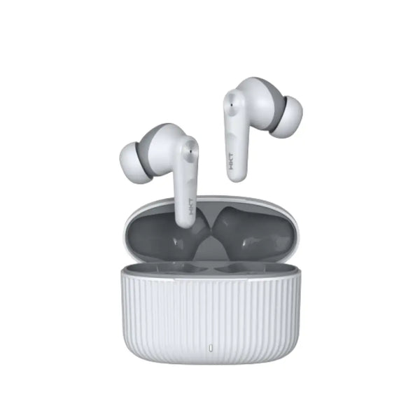 White wireless earbuds with charging case on a white background