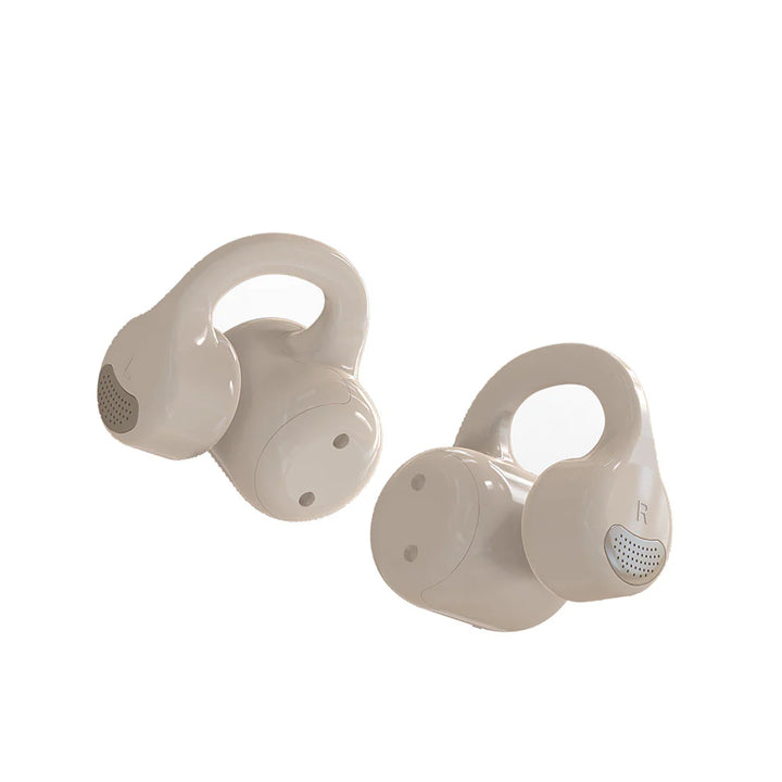 Pair of beige wireless earbuds on a white background