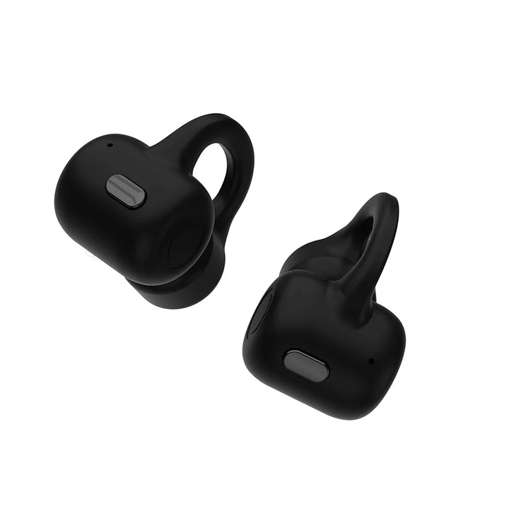 Black wireless earbuds on a white background