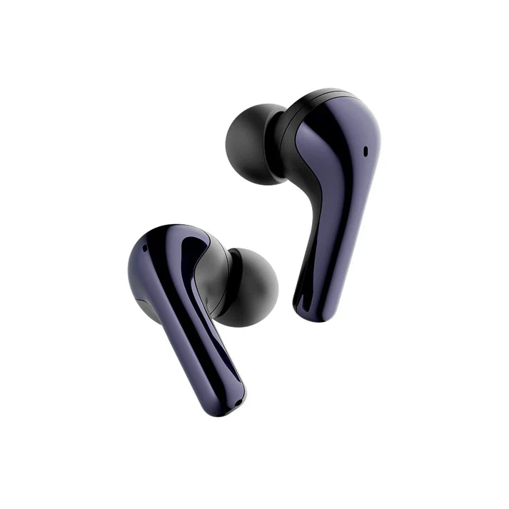 Pair of black wireless earbuds on a white background