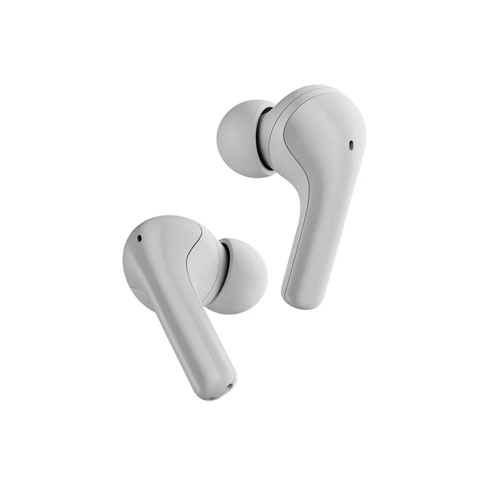 White wireless earbuds on a white background