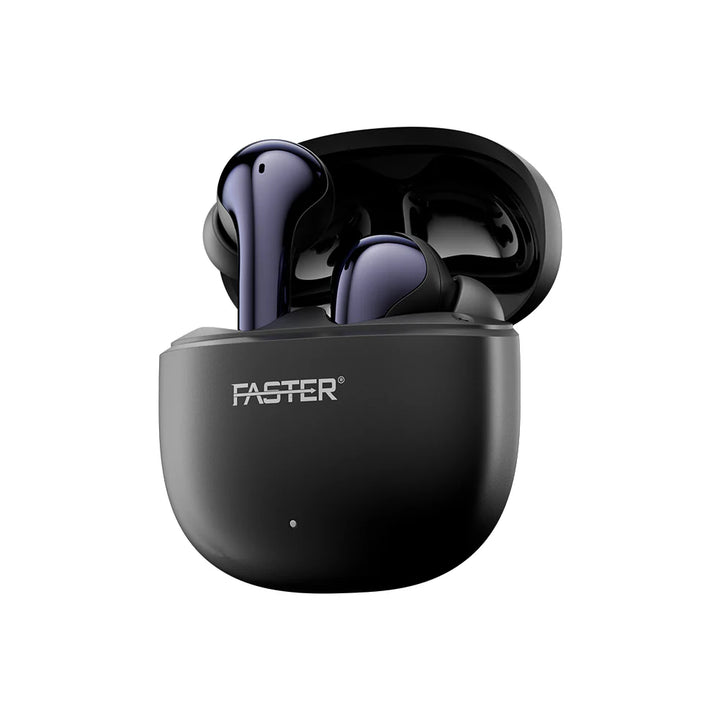 Black wireless earbuds with charging case on a white background, featuring the brand 'FASTER'.