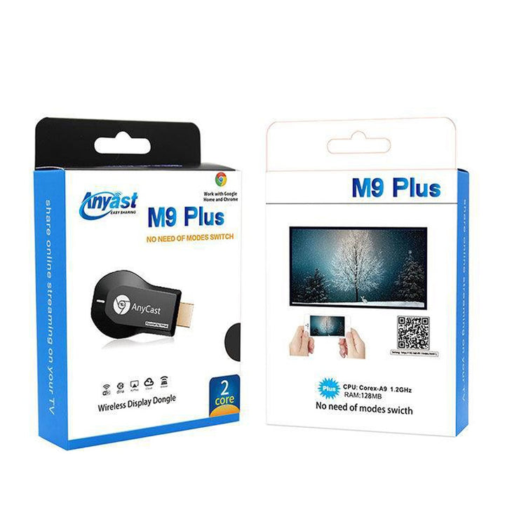 Packaging of AnyCast M9 Plus WiFi Display TV Dongle showing the product and its features.