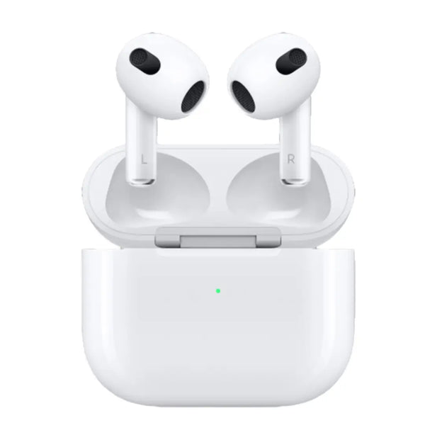 White wireless earbuds with charging case on a white background