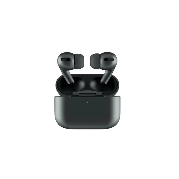 Black wireless earbuds in a charging case on a white background